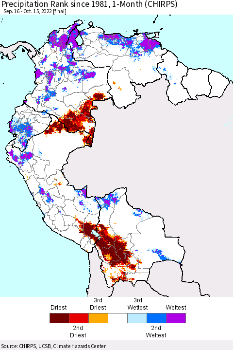 Northern South America Precipitation Rank since 1981, 1-Month (CHIRPS) Thematic Map For 9/16/2022 - 10/15/2022