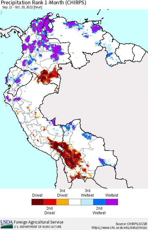 Northern South America Precipitation Rank since 1981, 1-Month (CHIRPS) Thematic Map For 9/21/2022 - 10/20/2022