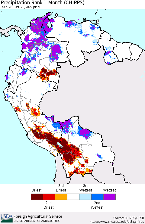 Northern South America Precipitation Rank since 1981, 1-Month (CHIRPS) Thematic Map For 9/26/2022 - 10/25/2022