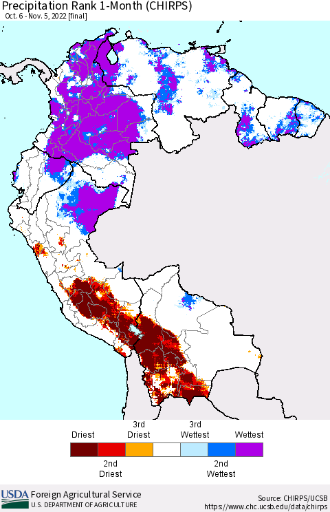 Northern South America Precipitation Rank since 1981, 1-Month (CHIRPS) Thematic Map For 10/6/2022 - 11/5/2022