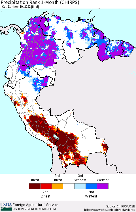 Northern South America Precipitation Rank since 1981, 1-Month (CHIRPS) Thematic Map For 10/11/2022 - 11/10/2022