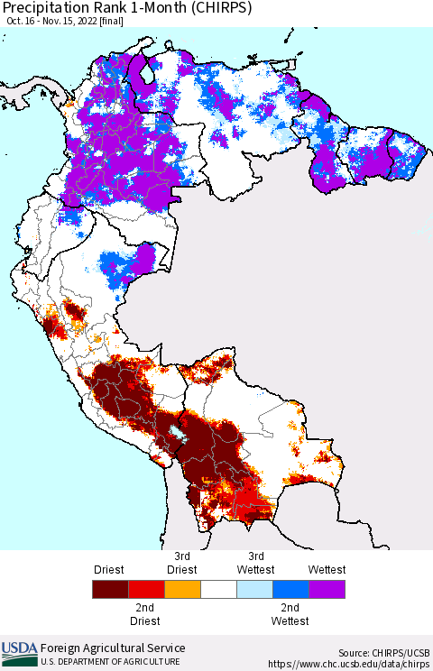 Northern South America Precipitation Rank since 1981, 1-Month (CHIRPS) Thematic Map For 10/16/2022 - 11/15/2022