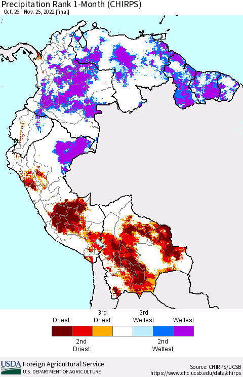 Northern South America Precipitation Rank since 1981, 1-Month (CHIRPS) Thematic Map For 10/26/2022 - 11/25/2022