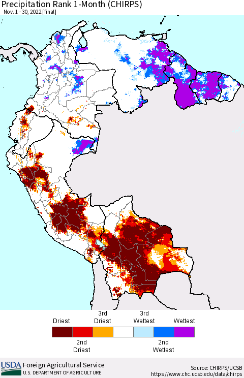 Northern South America Precipitation Rank since 1981, 1-Month (CHIRPS) Thematic Map For 11/1/2022 - 11/30/2022