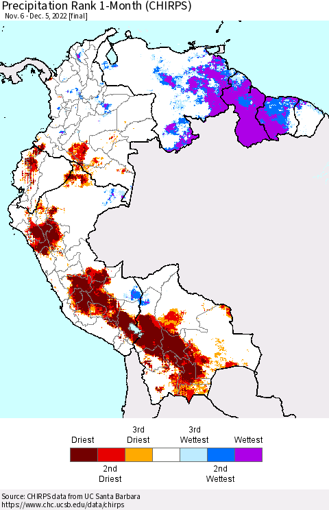 Northern South America Precipitation Rank 1-Month (CHIRPS) Thematic Map For 11/6/2022 - 12/5/2022