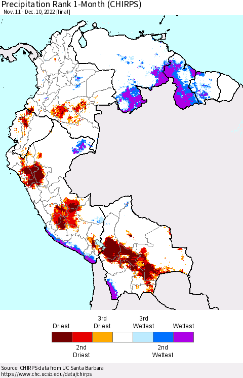 Northern South America Precipitation Rank 1-Month (CHIRPS) Thematic Map For 11/11/2022 - 12/10/2022