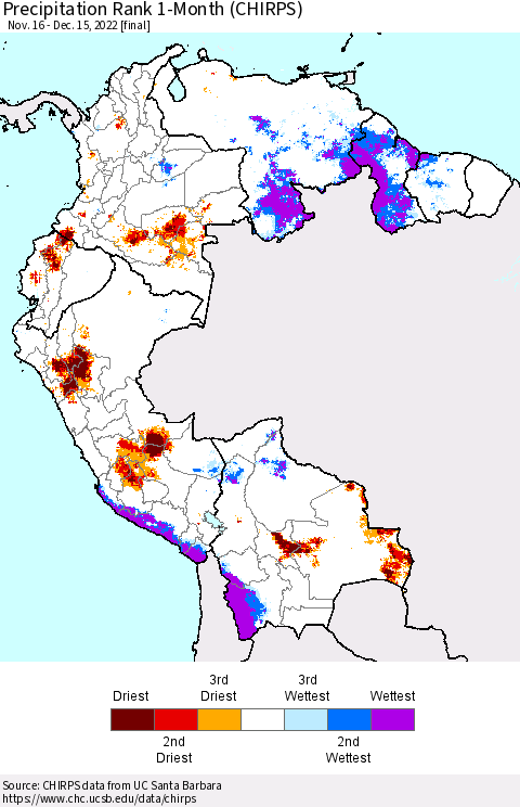 Northern South America Precipitation Rank since 1981, 1-Month (CHIRPS) Thematic Map For 11/16/2022 - 12/15/2022
