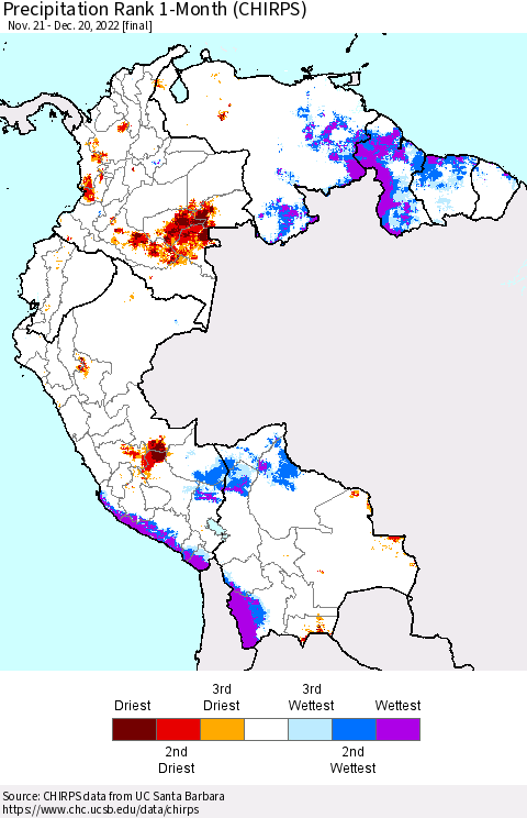 Northern South America Precipitation Rank since 1981, 1-Month (CHIRPS) Thematic Map For 11/21/2022 - 12/20/2022