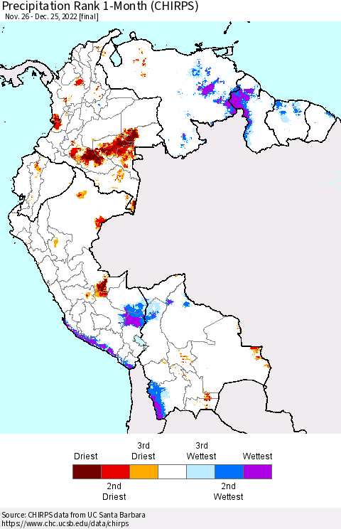 Northern South America Precipitation Rank 1-Month (CHIRPS) Thematic Map For 11/26/2022 - 12/25/2022