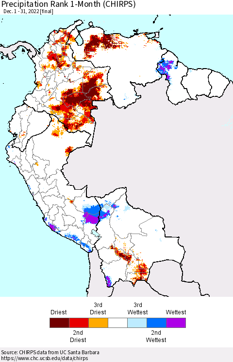 Northern South America Precipitation Rank since 1981, 1-Month (CHIRPS) Thematic Map For 12/1/2022 - 12/31/2022