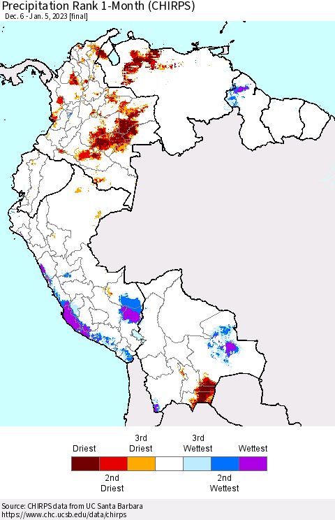 Northern South America Precipitation Rank 1-Month (CHIRPS) Thematic Map For 12/6/2022 - 1/5/2023