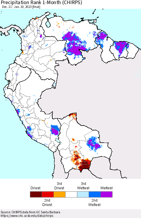 Northern South America Precipitation Rank 1-Month (CHIRPS) Thematic Map For 12/11/2022 - 1/10/2023