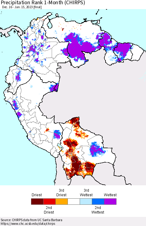 Northern South America Precipitation Rank since 1981, 1-Month (CHIRPS) Thematic Map For 12/16/2022 - 1/15/2023
