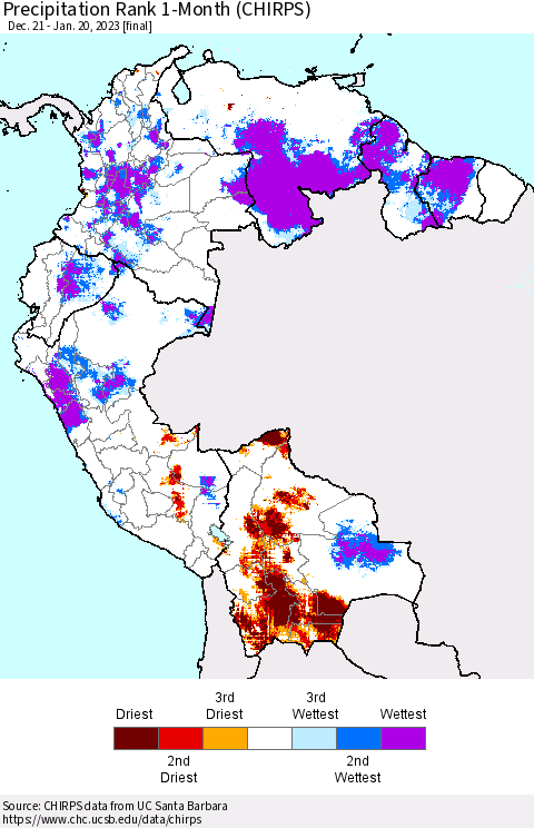 Northern South America Precipitation Rank 1-Month (CHIRPS) Thematic Map For 12/21/2022 - 1/20/2023