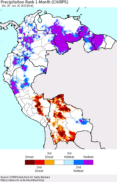 Northern South America Precipitation Rank 1-Month (CHIRPS) Thematic Map For 12/26/2022 - 1/25/2023