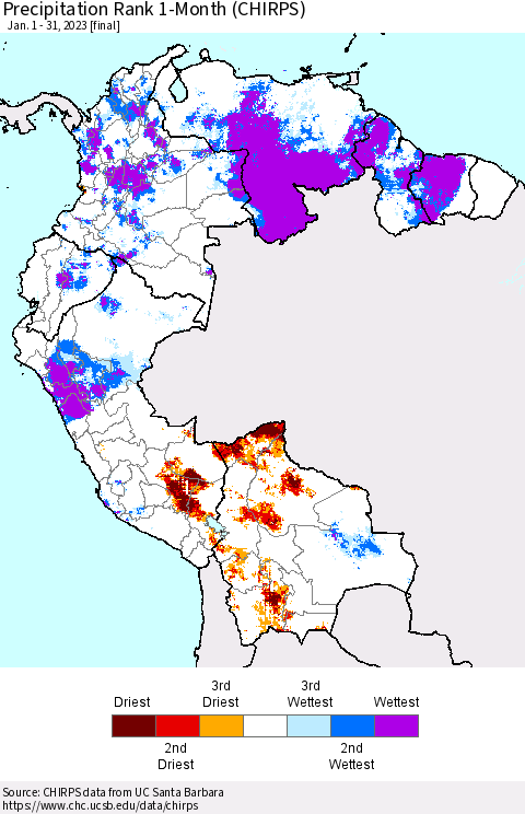 Northern South America Precipitation Rank 1-Month (CHIRPS) Thematic Map For 1/1/2023 - 1/31/2023