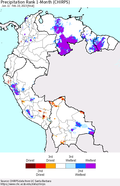 Northern South America Precipitation Rank 1-Month (CHIRPS) Thematic Map For 1/11/2023 - 2/10/2023