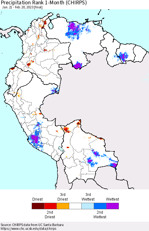Northern South America Precipitation Rank 1-Month (CHIRPS) Thematic Map For 1/21/2023 - 2/20/2023