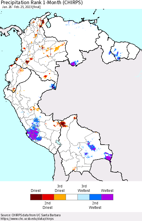 Northern South America Precipitation Rank 1-Month (CHIRPS) Thematic Map For 1/26/2023 - 2/25/2023