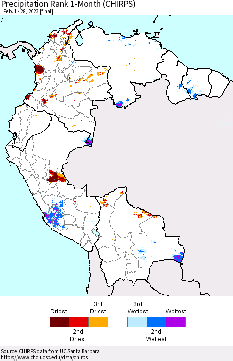 Northern South America Precipitation Rank since 1981, 1-Month (CHIRPS) Thematic Map For 2/1/2023 - 2/28/2023