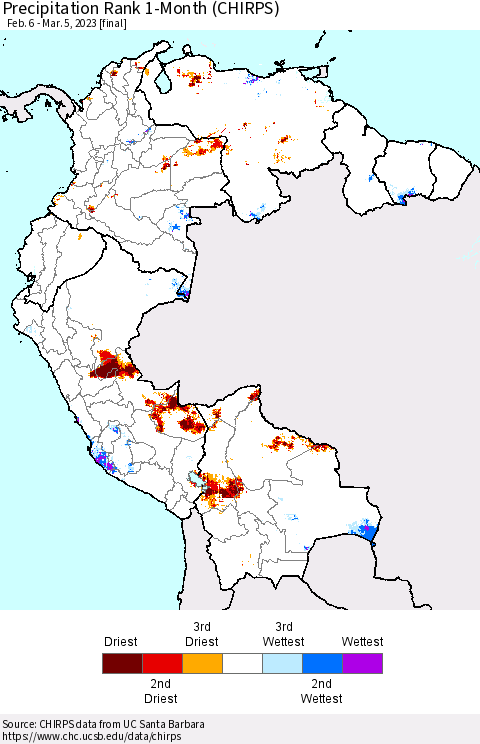 Northern South America Precipitation Rank since 1981, 1-Month (CHIRPS) Thematic Map For 2/6/2023 - 3/5/2023