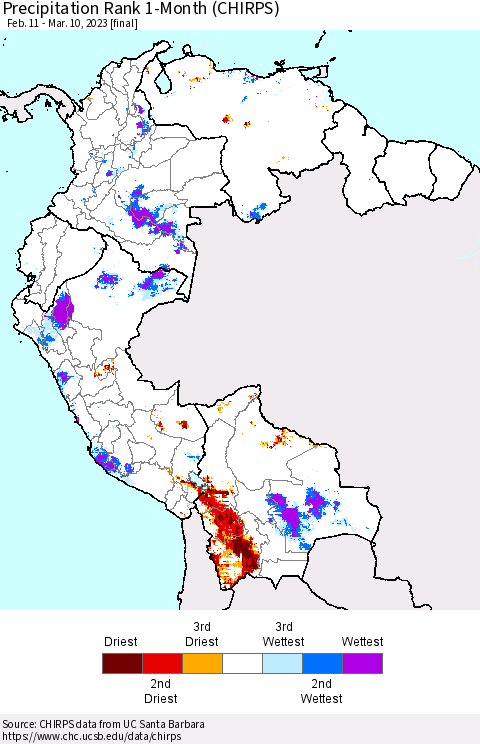 Northern South America Precipitation Rank since 1981, 1-Month (CHIRPS) Thematic Map For 2/11/2023 - 3/10/2023