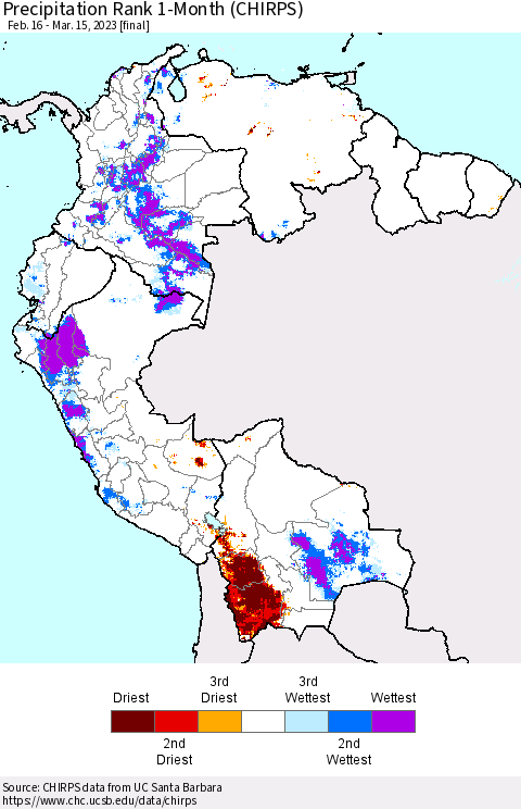 Northern South America Precipitation Rank since 1981, 1-Month (CHIRPS) Thematic Map For 2/16/2023 - 3/15/2023