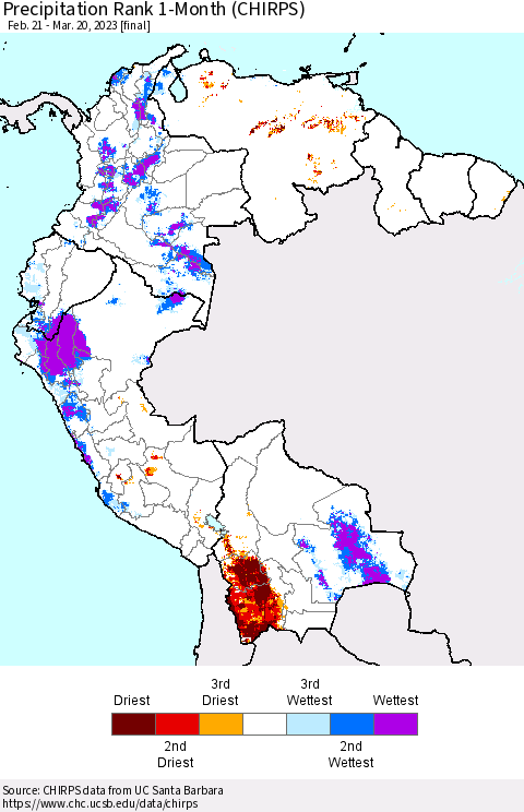 Northern South America Precipitation Rank since 1981, 1-Month (CHIRPS) Thematic Map For 2/21/2023 - 3/20/2023