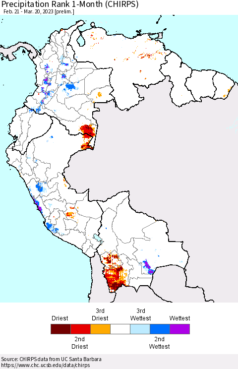 Northern South America Precipitation Rank 1-Month (CHIRPS) Thematic Map For 2/21/2023 - 3/20/2023