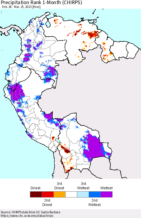 Northern South America Precipitation Rank since 1981, 1-Month (CHIRPS) Thematic Map For 2/26/2023 - 3/25/2023