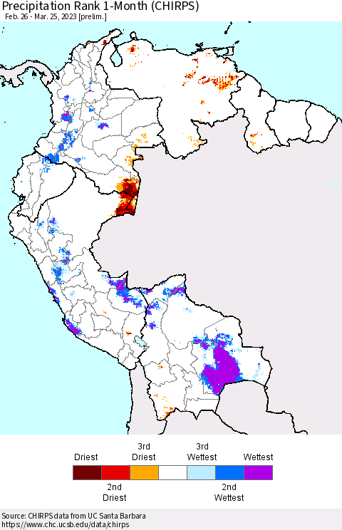 Northern South America Precipitation Rank 1-Month (CHIRPS) Thematic Map For 2/26/2023 - 3/25/2023