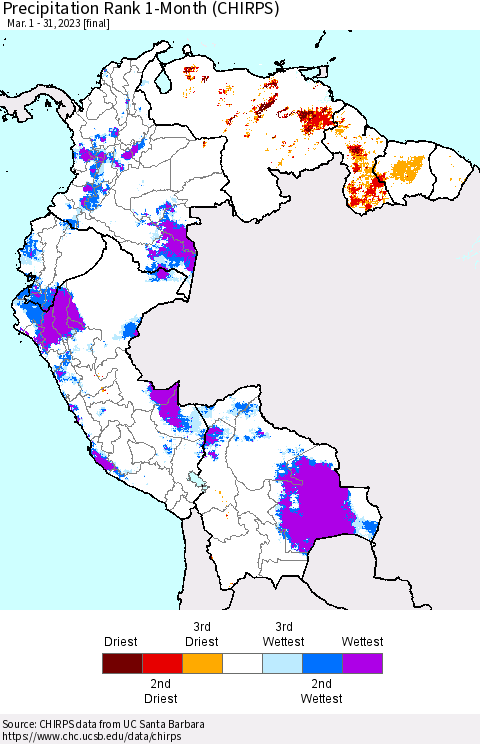 Northern South America Precipitation Rank since 1981, 1-Month (CHIRPS) Thematic Map For 3/1/2023 - 3/31/2023