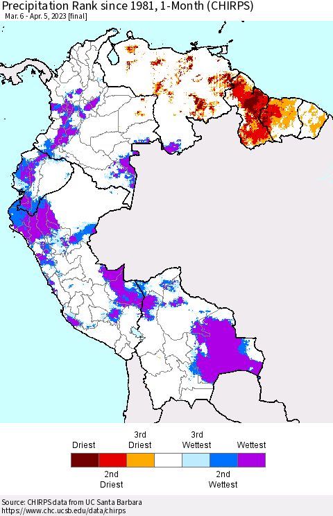 Northern South America Precipitation Rank since 1981, 1-Month (CHIRPS) Thematic Map For 3/6/2023 - 4/5/2023