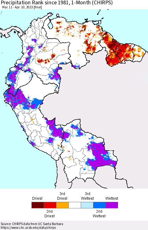 Northern South America Precipitation Rank since 1981, 1-Month (CHIRPS) Thematic Map For 3/11/2023 - 4/10/2023