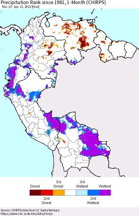 Northern South America Precipitation Rank since 1981, 1-Month (CHIRPS) Thematic Map For 3/16/2023 - 4/15/2023