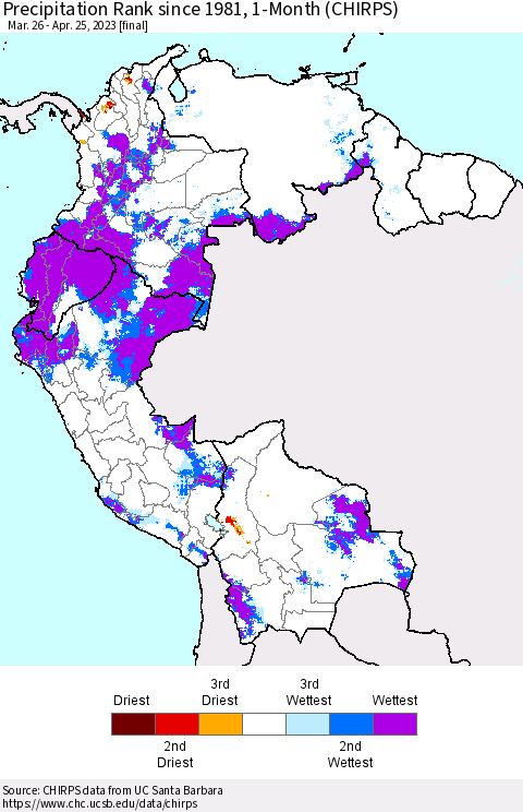 Northern South America Precipitation Rank since 1981, 1-Month (CHIRPS) Thematic Map For 3/26/2023 - 4/25/2023