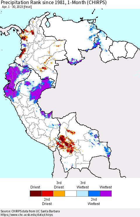 Northern South America Precipitation Rank since 1981, 1-Month (CHIRPS) Thematic Map For 4/1/2023 - 4/30/2023