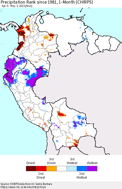Northern South America Precipitation Rank since 1981, 1-Month (CHIRPS) Thematic Map For 4/6/2023 - 5/5/2023