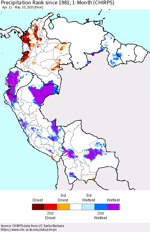 Northern South America Precipitation Rank since 1981, 1-Month (CHIRPS) Thematic Map For 4/11/2023 - 5/10/2023