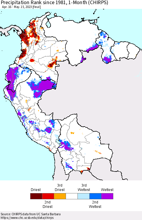 Northern South America Precipitation Rank since 1981, 1-Month (CHIRPS) Thematic Map For 4/16/2023 - 5/15/2023
