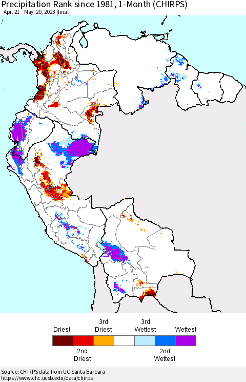 Northern South America Precipitation Rank since 1981, 1-Month (CHIRPS) Thematic Map For 4/21/2023 - 5/20/2023