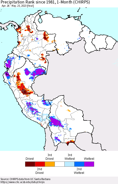 Northern South America Precipitation Rank since 1981, 1-Month (CHIRPS) Thematic Map For 4/26/2023 - 5/25/2023