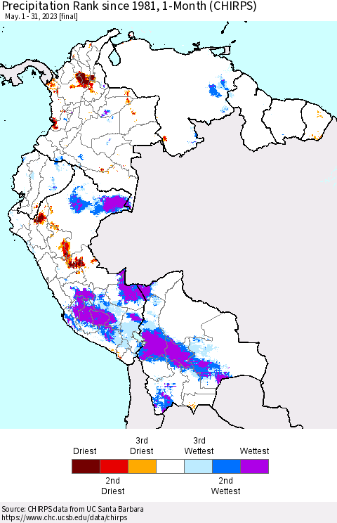 Northern South America Precipitation Rank since 1981, 1-Month (CHIRPS) Thematic Map For 5/1/2023 - 5/31/2023