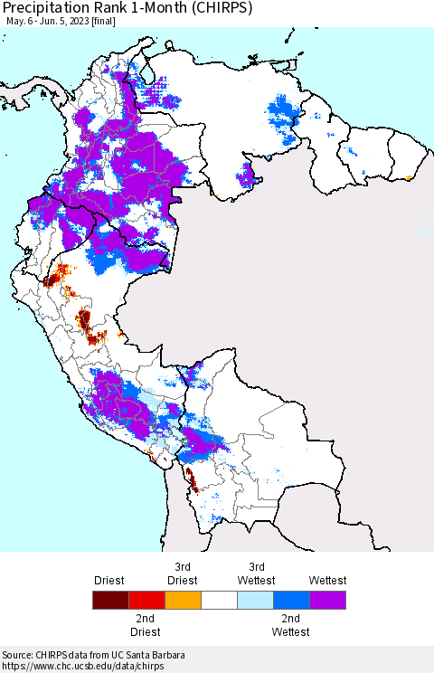 Northern South America Precipitation Rank since 1981, 1-Month (CHIRPS) Thematic Map For 5/6/2023 - 6/5/2023