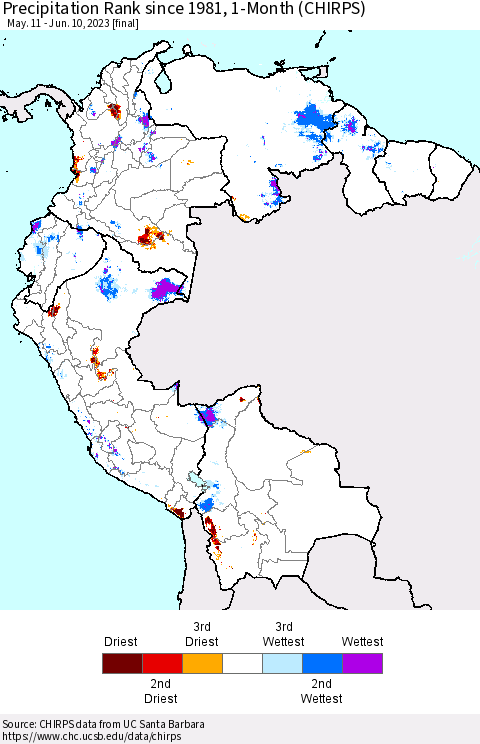 Northern South America Precipitation Rank since 1981, 1-Month (CHIRPS) Thematic Map For 5/11/2023 - 6/10/2023