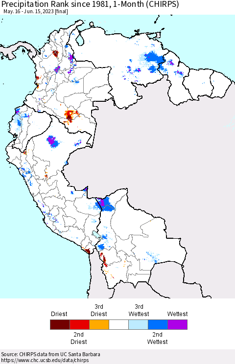 Northern South America Precipitation Rank since 1981, 1-Month (CHIRPS) Thematic Map For 5/16/2023 - 6/15/2023