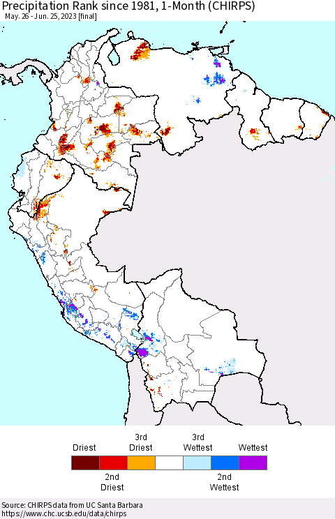 Northern South America Precipitation Rank since 1981, 1-Month (CHIRPS) Thematic Map For 5/26/2023 - 6/25/2023