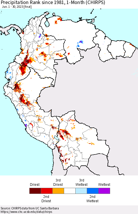 Northern South America Precipitation Rank since 1981, 1-Month (CHIRPS) Thematic Map For 6/1/2023 - 6/30/2023