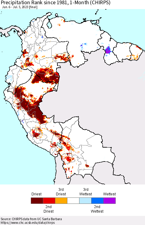 Northern South America Precipitation Rank since 1981, 1-Month (CHIRPS) Thematic Map For 6/6/2023 - 7/5/2023