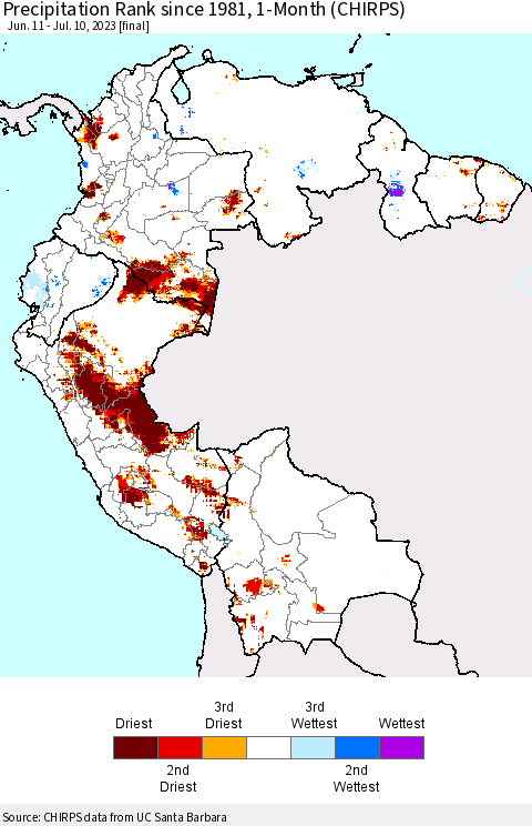 Northern South America Precipitation Rank since 1981, 1-Month (CHIRPS) Thematic Map For 6/11/2023 - 7/10/2023